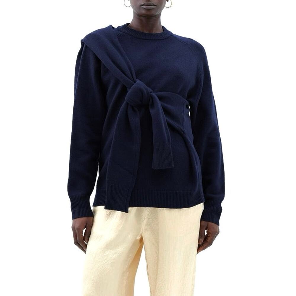 Tibi Tie-Sleeve Extrafine Wool Sweater Midnight Navy NWOT Luxe Sculptural Knit